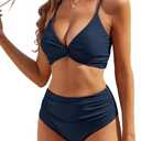 ZAFUL Twist High Waisted Bikini for Women Cross Lace Up Bathing Suit Ruched Bikini Swimsuits Tummy Control Swimwears (Large, 0-solid Navy)