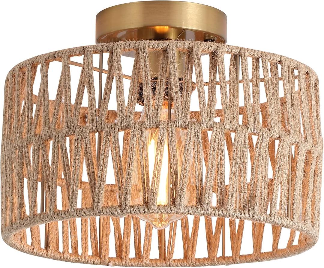 Hchunqjor Coastal Antique Gold Woven Flush Mount Light Fixture Rustic Boho Hemp Rope Brass Semi Flush Mount Ceiling Light for Hallway Bedroom Farmhouse Kitchen Entryway Hall