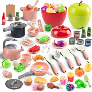 100Pcs Kitchen Playset, Kids Pretend Cooking Play Pots, Pans, Utensils, Cookware, Toy Food Fruits Veggies, with 2 Large Apple - Shaped Storage, Toddler Cooking Learning Gift(Pink)