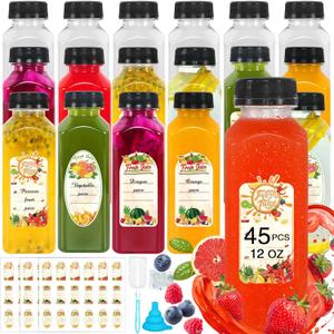 Plastic Juice Bottles with Caps 12 OZ, 45 Pcs Juice Bottles Clear Empty Reusable Juice Bottle with Tamper Lids for Juicing Refillable Juice Bottles for Travel