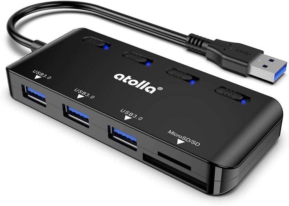 USB SD Card Reader, atolla USB Hub with SD/Micro SD Card Reader, USB Splitter with 3 USB Ports, 2 Card Slots and Individual LED Power Switches (Black)