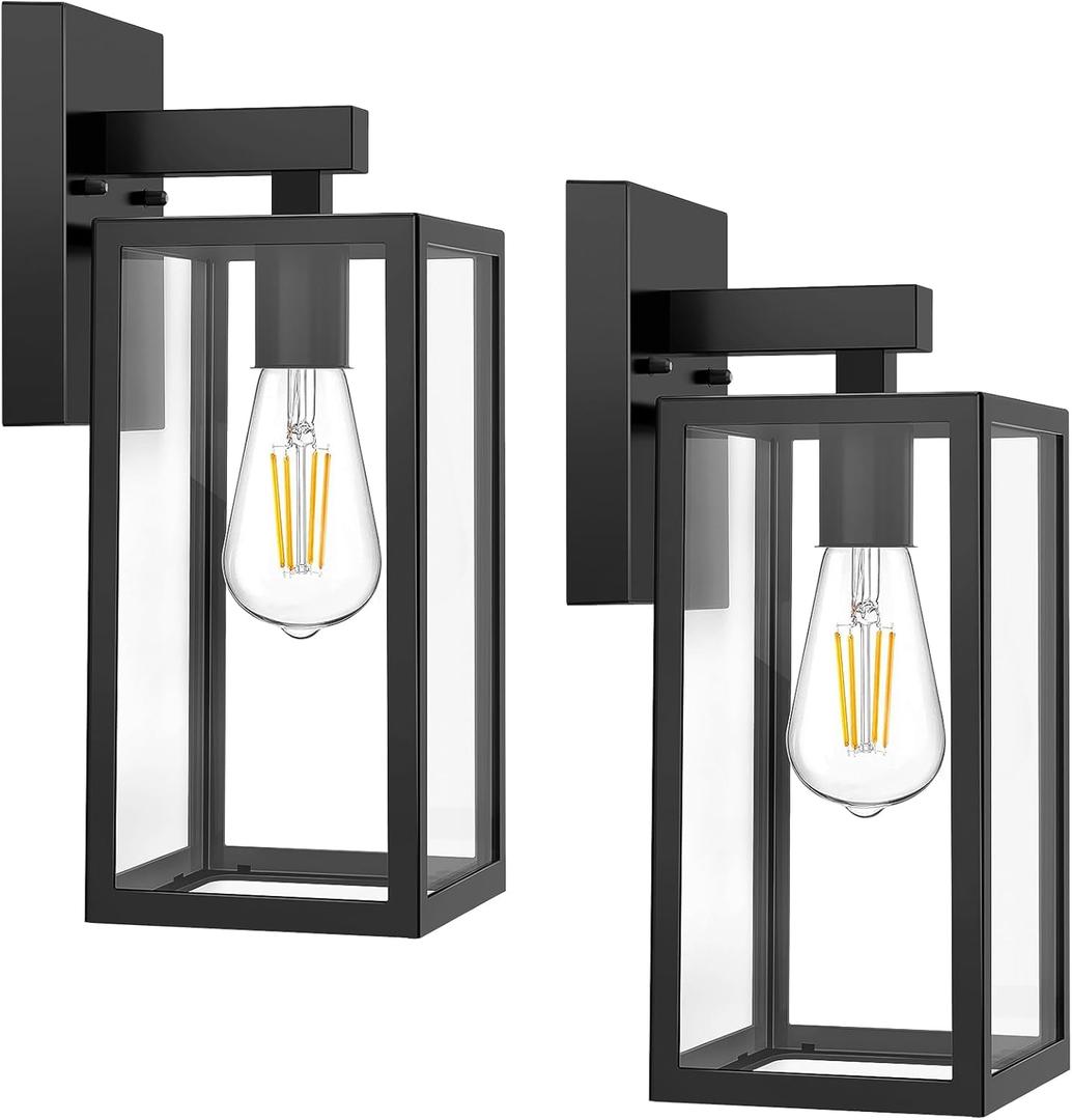 MAXvolador Outdoor Wall Sconce, Exterior Waterproof Wall Lantern Light Fixtures, Black Porch Lights with Toughened Glass Shade, Anti-Rust E26 Socket Front Door Mount Lighting, 2 Pack (Large)