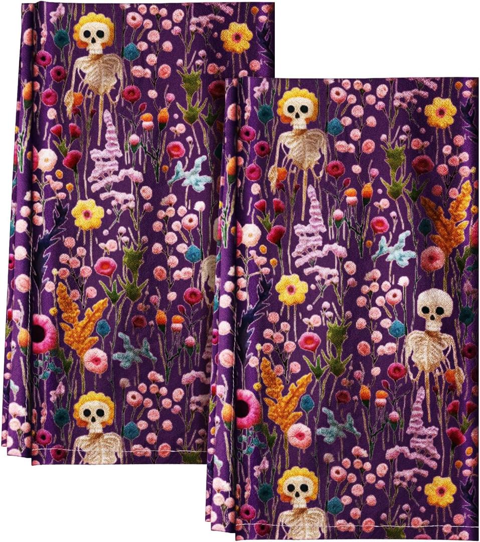 Flour Sack Halloween Kitchen Towels - Halloween Towels Kitchen Set of 2 18x26 Inch Holiday Theme Dish Towel for Home Decoration, Absorbent Hand Towel with Hanging Loop, Purple Skeleton