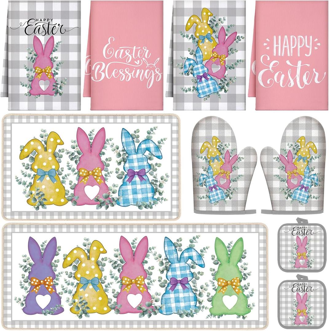 10 Pcs Easter Bunny Kitchen Decor Set 4 Kitchen Towels 2 Pot Holders 2 Oven Mitts 2 Rugs for Gift Cooking Baking Grilling Housewarming