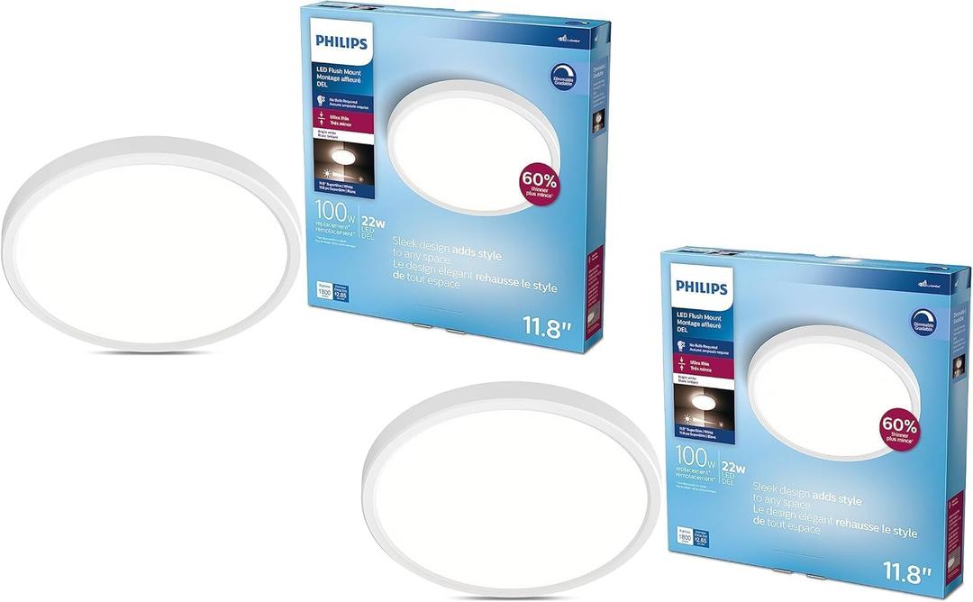 PHILIPS LED Flush Mount Ultra Thin Silver Ceiling Light 2-Pack Bright White (3000K) 1500 Lumen (22W = 100W) No Bulbs Required