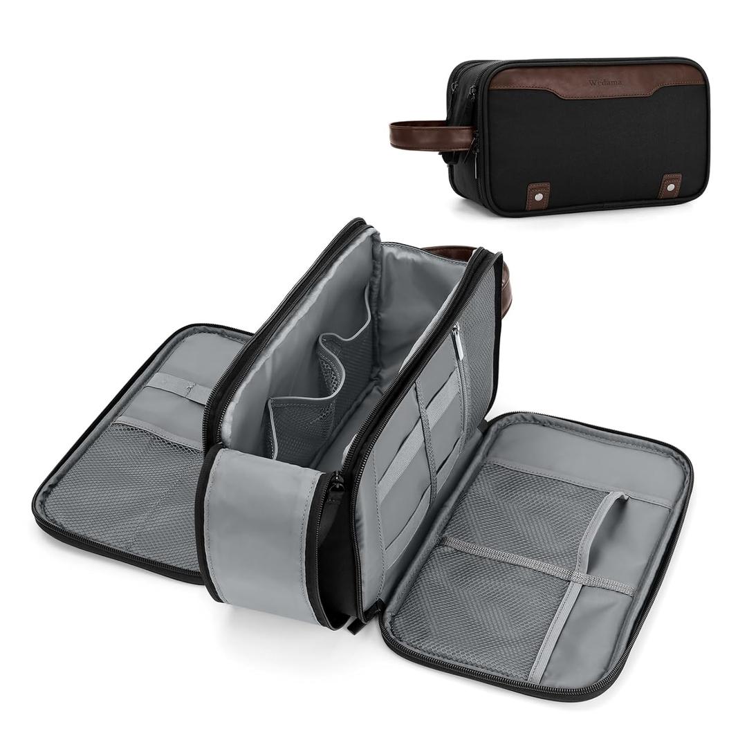 Wedama Toiletry Bag for Men, Large Hanging Travel Toiletry Bag, Extra Electronic Organizer Bag Waterproof Shaving Bag for Toiletries with PU Handle for Travel Business Trips Swim Camping, Black&Brown