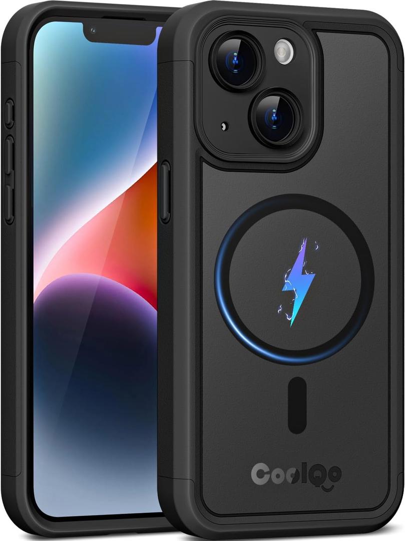 COOLQO Magnetic for iPhone 13 Case, Compatible with MagSafe, Dual Layer Design Military Grade Protection, Translucent Matte Scratch-Resistant Back Protective Shockproof Phone Case, Black