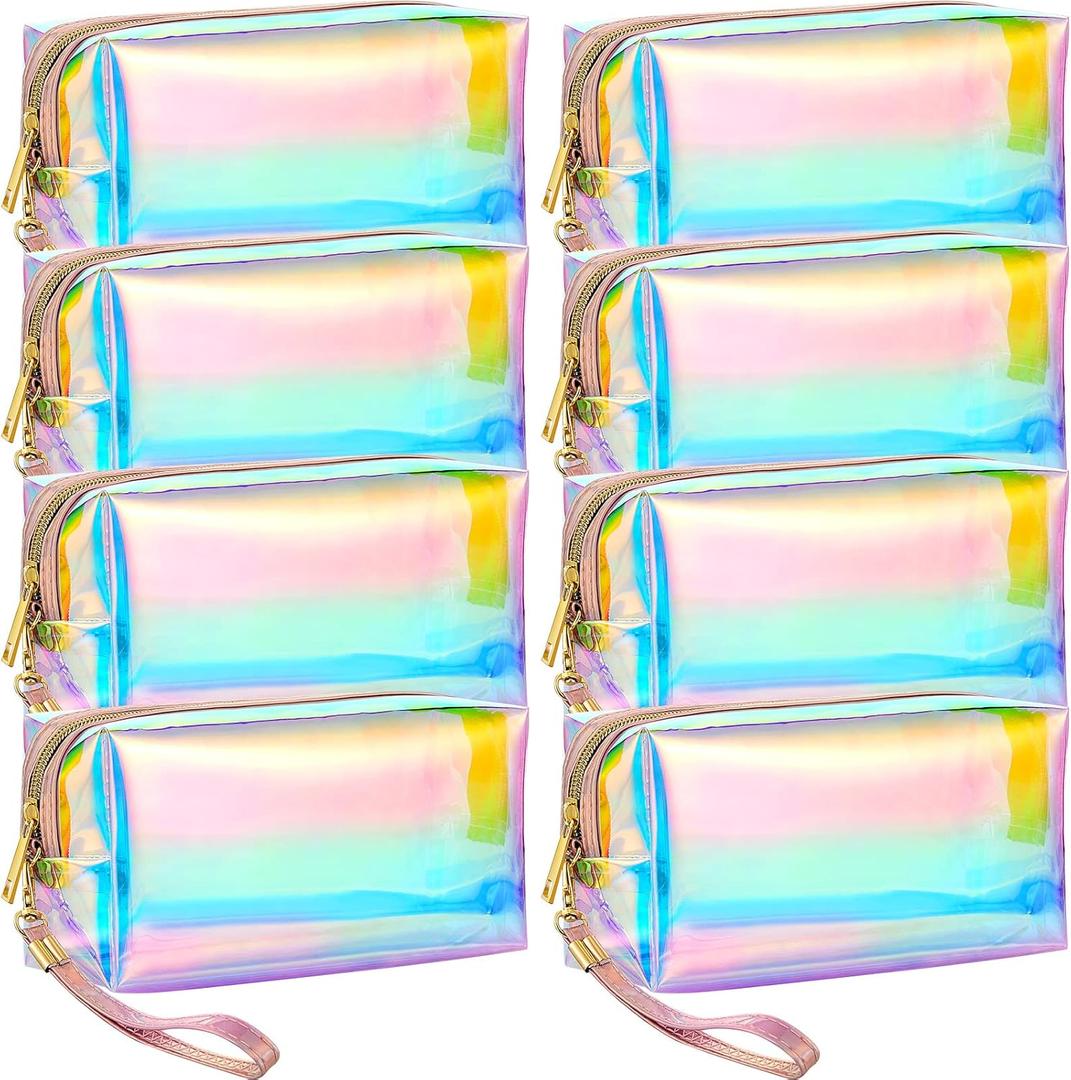 Dunzy 8 Pcs Holographic Iridescent Clear Makeup Bags with Zipper Travel Cosmetic Pouches with Wrist Loop Waterproof Toiletry Organizer Case Home Office Beach Pouch Purse Diaper Vacation Gift Bag(M)