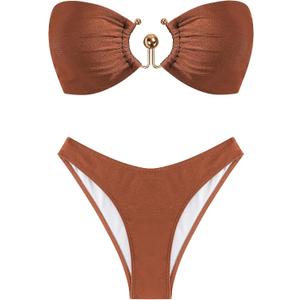 ZAFUL Womens Bandeau Bikini Set Metallic Sparkly O Ring Lace Up Tie Side High Cut Tanga Sexy Bathing Suit Swimwear, A-Brown, (Small)