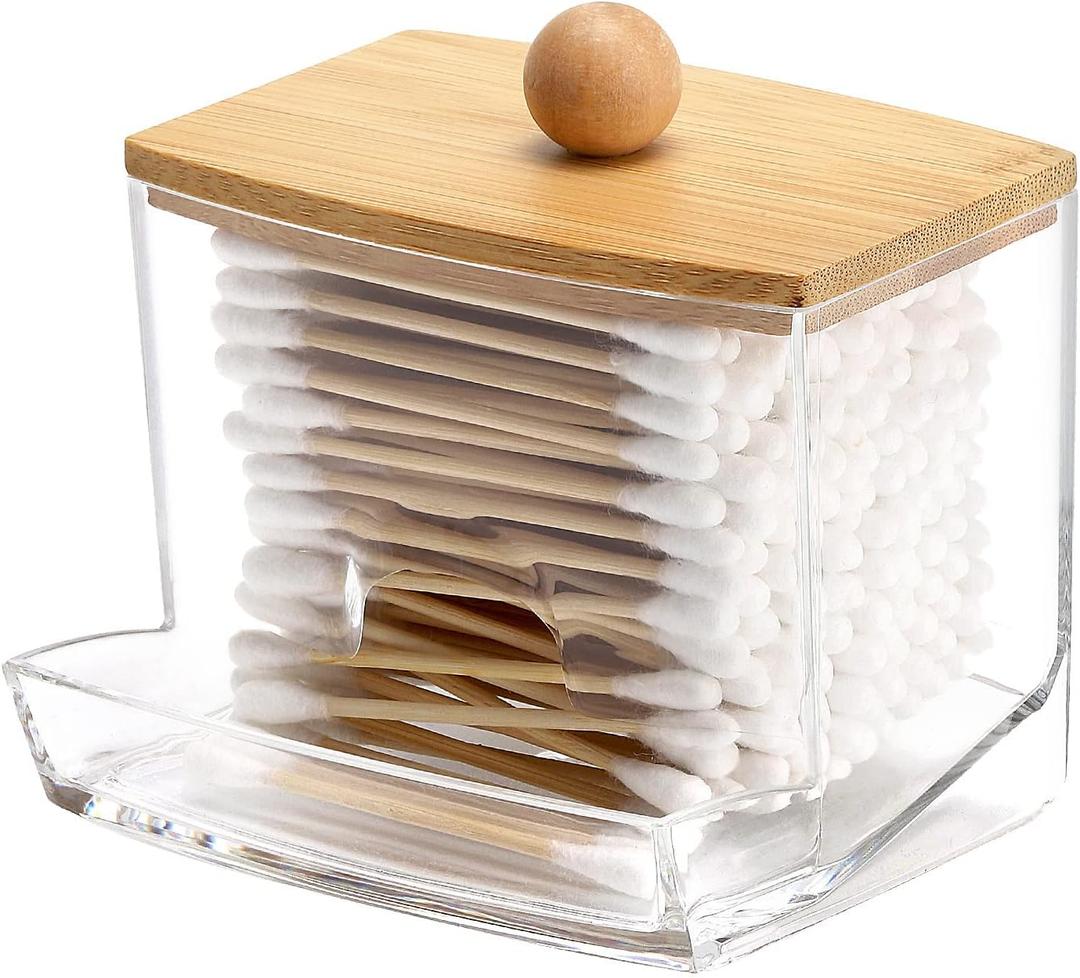 Tbestmax 10oz Qtip Holder Dispenser with Bamboo Lids, Big Clear Bathroom Organizer Accessories Decor for Storage-Qtips Cotton Ball Holder Apothecary Jars, Cotton Swabs, Floss Container (1Pc-Brown)