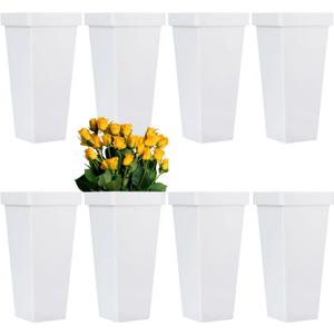 8 Pcs Flower Buckets for Cut Flowers, 13.38 Inch Plastic Floral Buckets Modern Square Vases for Centerpieces Display Decorative Plastic Vases for Home Office Wedding Decor - White