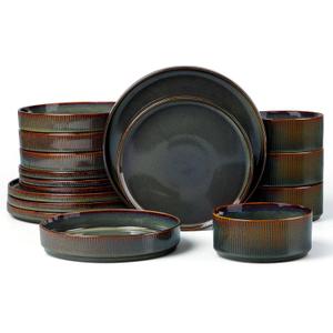 LIANYU Dinnerware Sets with Pasta Bowls, 16 Piece Plates and Bowls Set for 4, Ribbed Stoneware Dishes Set for Kitchen Dining, Microwave and Dishwasher Safe, Jungle Green