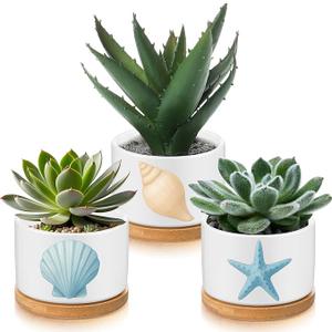 3 Pcs Decor Gift for Women Planter Ceramic Gift Animal Plant Pot with Bamboo Tray for Office Home Farm House Bathroom Kitchen Christmas Decorations (No Plants Included)(Ocean)