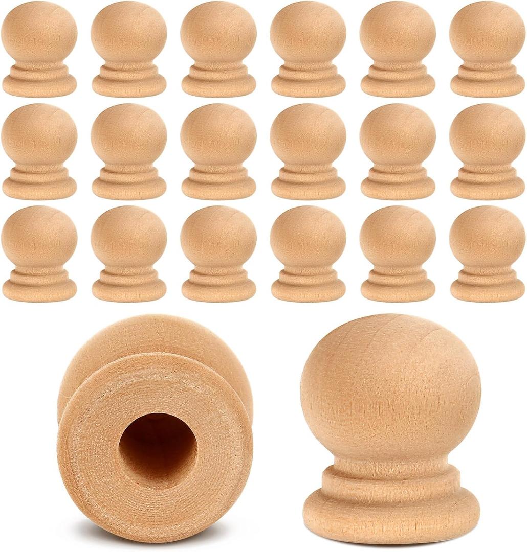 Pinkunn 100 Pcs Wood Finials Dowel Rods Caps 3/4 Inch Tall with 1/4 Inch Hole Unfinished Wood Drawer Knobs Pulls Handles Small Classic Ball Wooden Rods Caps for Crafts, DIY, Cabinet, Furniture, Drawer
