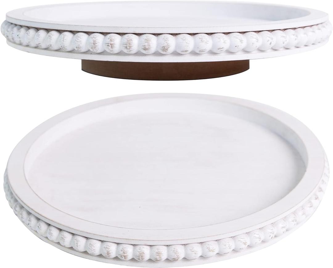 HPC Decor 12 Inch Beaded Lazy Susan- Wooden Lazy Susan Organizer for Farmhouse Table Decor, Round Turntable for Table Cabinet,Countertop- Kitchen Turntable 360 Degrees Rotating Table Spinning Tray
