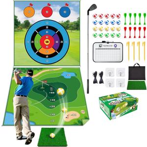 LINKET Golf Mat, 70"x70" Double-Sided 2in1 Golf Hitting Mat, Portable Golf Game for Chipping Practice for Dads & Junior Golfers - Golf Mats with 20 Sticky Balls & Golf Turf Mat for Indoor and Outdoor