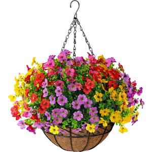 Artificial Faux Fake Hanging Flowers Plants Basket for Summer Outdoor Outside Decoration UV Resistant Fake Silk Colorful Daisy Eucalyptus for Porch Patio Balcony Yard Garden Home Decor