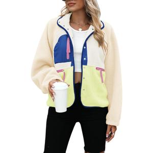 Yanekop Womens Fleece Jacket Fuzzy Long Sleeve Short Winter Coats Button Down Sherpa Jacket Outerwear with Pockets, Size XS