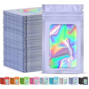JETMORE 300 Pcs Mylar Bags, Smell Proof Bags Foil Pouch, Holographic Resealable Bags for Small Business, Candy Sample Jewelry Bag Sealable Packaging for Party Favor Food Storage (3x5in-Purple)