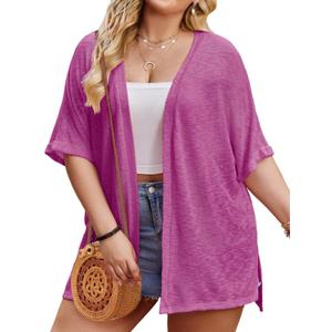 IN'VOLAND Plus Size Purple e Summer Cardigan for Women Dressy Open Front Short Sleeve Lightweight Beach Cover Ups Casual Loose Fit, Size: 24W