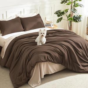 Litanika Comforters Brown Oversized Queen Size, 3 Pieces Lightweight Solid Bedding Set & Collections, All Season Fluffy Bed Set (98x98In Comforter & 2 Pillowcases)