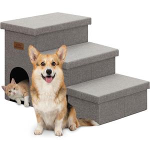 Zerbuger Dog Stairs 18" H, 3-Step Wider Dog Steps for High Beds Couch, Folding Storage Pet Stairs Gift for Small/Medium/Large Old Dogs Cats, Ramp for Climbing Car Up to 200 lbs, (Gray, with Condo) (33"D x 17"W x 18"H)