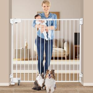 No Bottom Bar Baby Gate, 51.18 inch Tall Cat Pet Gate
for Doorway, Adjustable 27.5in- 43 in Dog Gate with Large Walk Thru Door,White