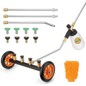 2-in-1 Undercarriage Pressure Washer Water Broom with Replaceable Nozzle, 16 Inch Car Pressure Washer with Foam Washer/Mitten, Surface Cleaner 1200-4000 PSI (with Bottle& Replaceable Nozzle)