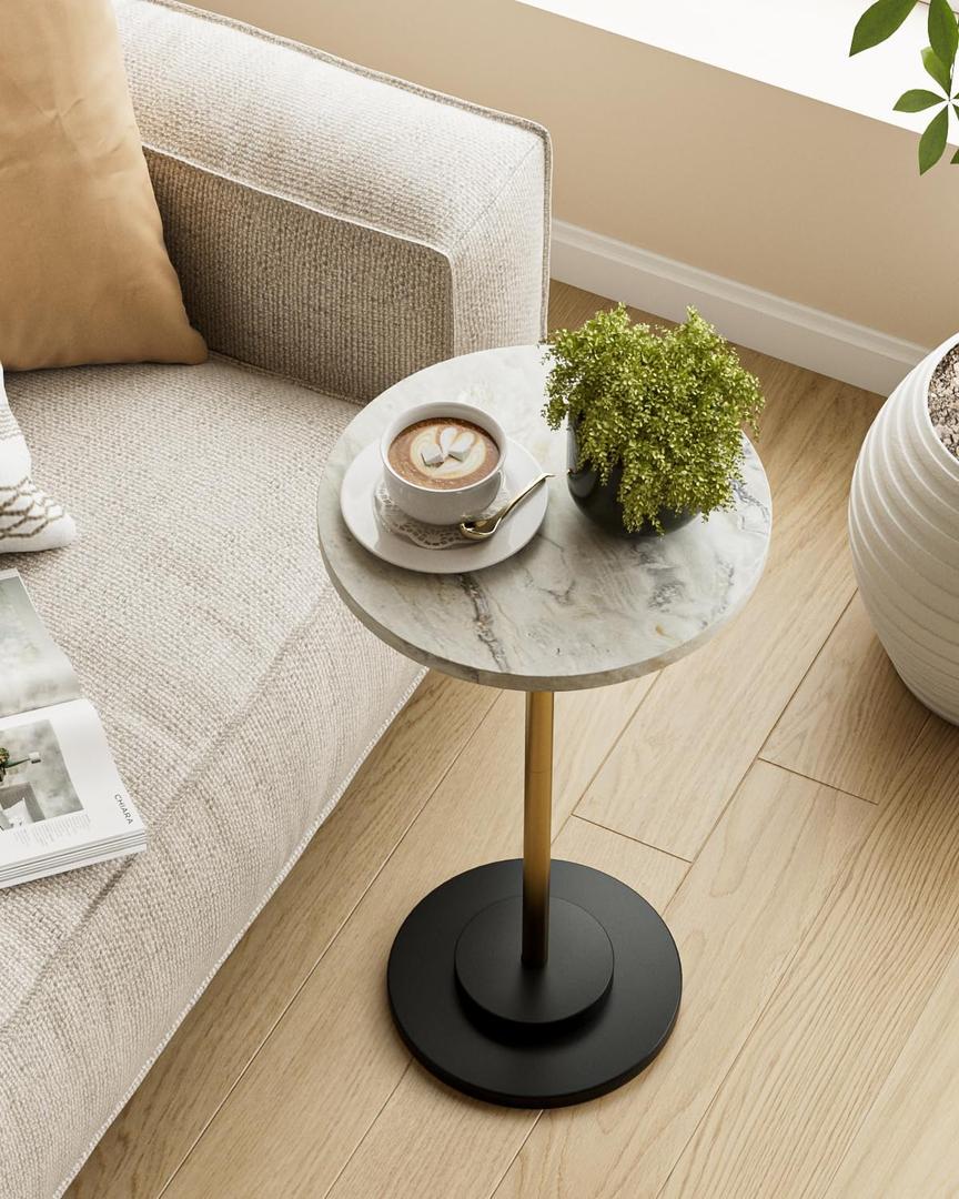Round Side Table, Small Drink Table for Small Spaces, Modern Accent End Table with Metal Leg for Living Room, Bedroom, Corners, and Office (Marble), 11.81 inches Dia. x 23.62 inches high