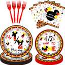80pcs Red Cartoon Six Months Birthday Party Supplies - 1/2 Way to One Dessert Plates Napkins Tableware Kit for Boys 6 Months/Half One Birthday Party Decorations