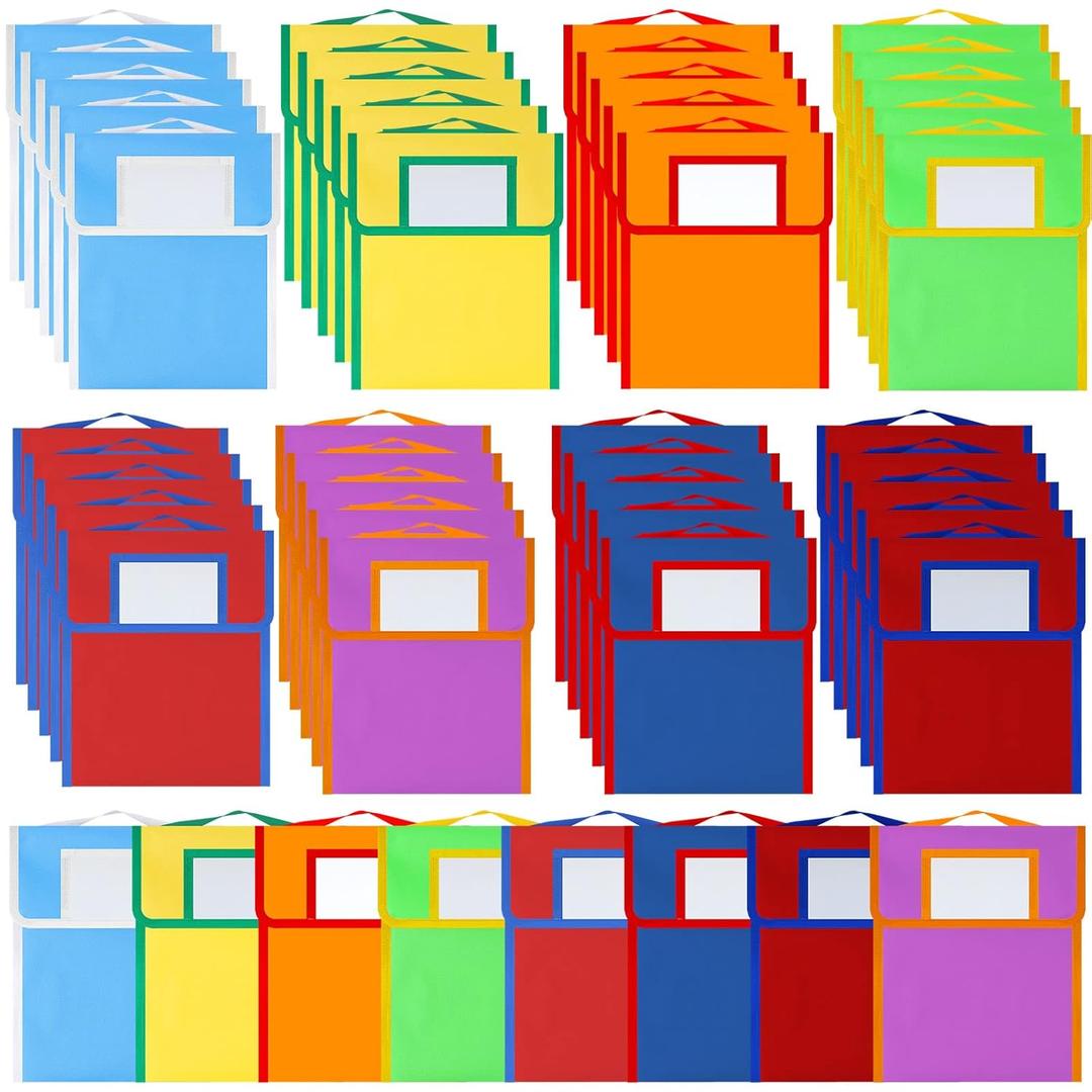 Lincia 32 Pcs Nylon Book Pouch Bags with Stitched Handle and Clear Name Tag Pockets, Book Bags for Kids, Classroom, School, Homework, Protector Store Reading Supplies, 11.8 x 9.8 Inch