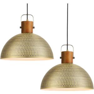 ELYONA 2 Pack Large Hammered Pendant Light Fixtures, 16 Inch Ash Wood Vintage Dome Hanging Lamp, Antique Gold Mid Century Pendant Lighting for Kitchen Island, Farmhouse, Dining Room, Brushed Brass