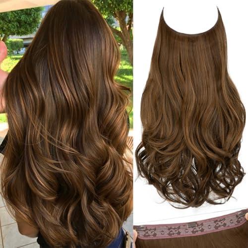 SARLA Invisible Wire Hair Extensions with 3 Clips Short Wavy Curly Synthetic Hairpiece for Women Adjustable Transparent Headband 14 Inch Chocolate