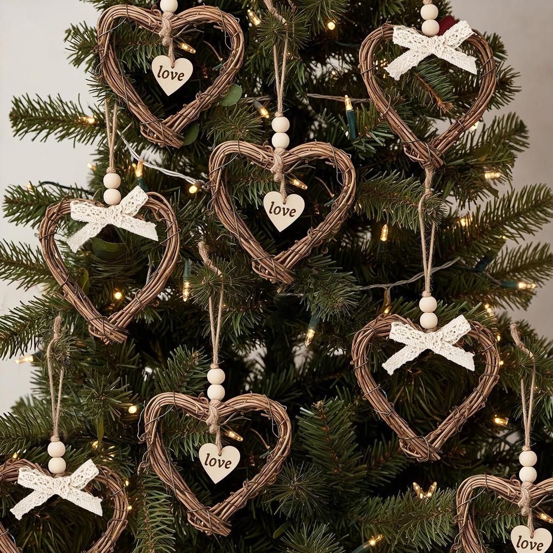 Valentines Day Tree Decorations: 8pcs Vintage Rattan Heart Tree Ornaments with White Bowknots & Wood Beads, Rustic Love Heart Valentines Day Decor for Home Office Wedding