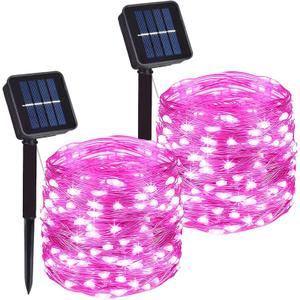 2 Pack Total 200 LED 66FT Solar Powered Copper Wire String Lights Outdoor, Waterproof, 8 Modes Fairy Lights for Valentines Day Decor, Garden, Patio, Party, Christmas, House (Pink)