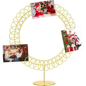 Metal Christmas Card Holder Wreath Xmas Card Display Spiral Photo Holder Decorative Tabletop Photo Rack Spiral Wreath for Holiday Party Picture Table Gift(Gold,Round)
