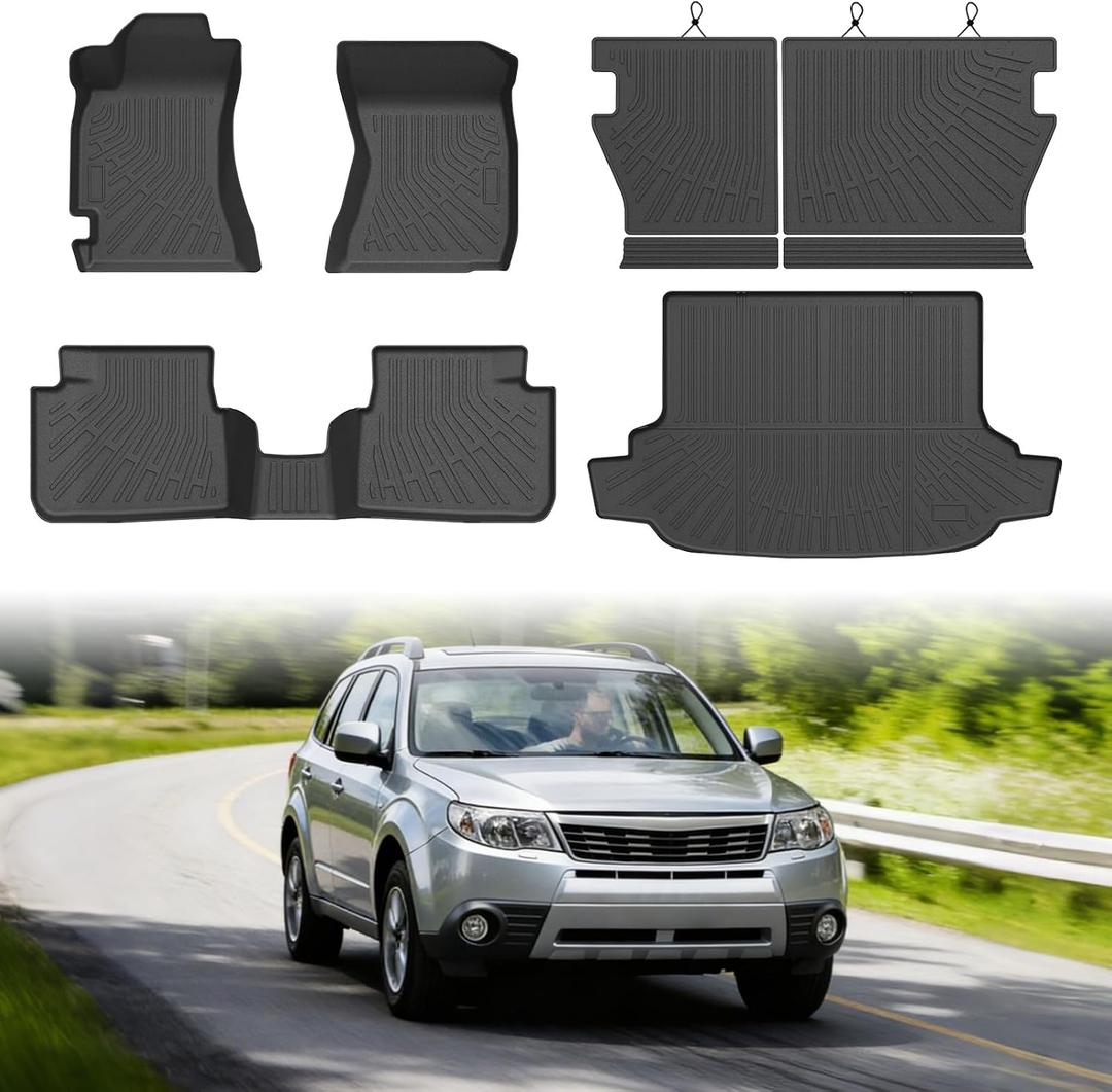 Forester Floor Mats - Car Mats for Subaru Forester 2009-2013, All Weather Full Set Cargo Liner with Backrest Mat for Forester Accessories, Heavy Duty Waterproof, Black