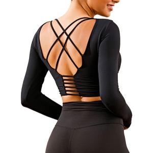 ECUPPER Women Long Sleeve Workout Tops Backless Yoga Gym Shirts Athletic Crop Top with Built in Bra for Fitness Sports (Black)