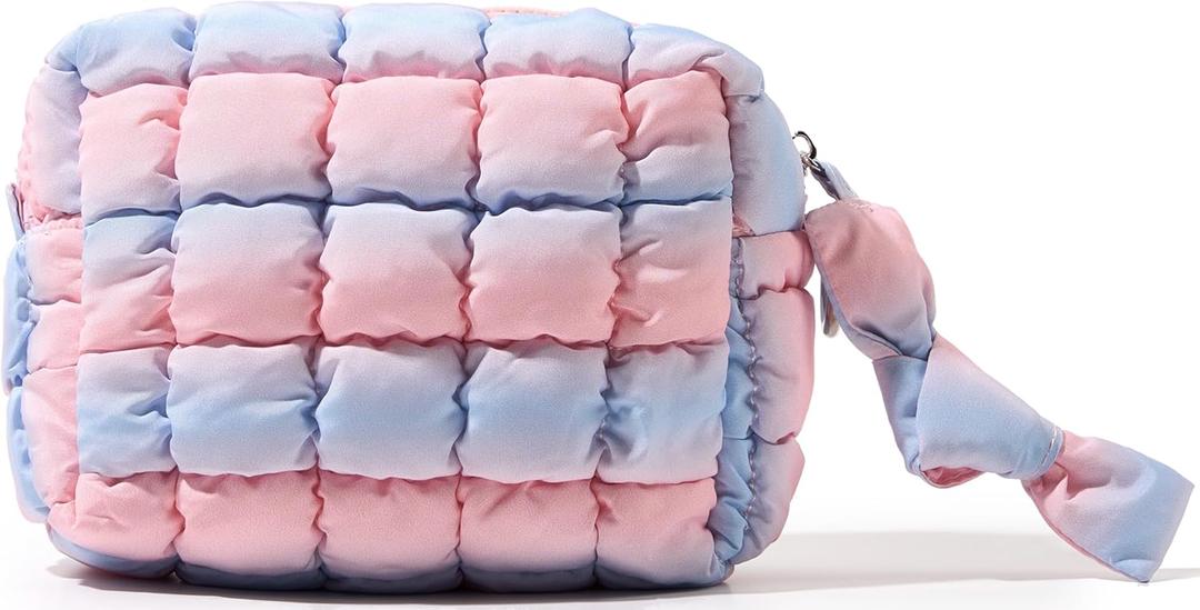 Yarnic Quilted Makeup Bag Cosmetic Bag, Travel Toiletry Bag for Women, Cute Makeup Bag Organizer Puffer Makeup Pouch (Blue Pink, S) (Cotton Candy)