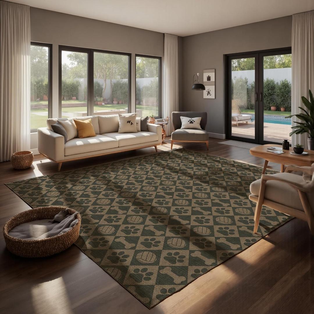 Jute Woven Checkered Area Rug 8x10, Sage Green Pet & Cat Proof Jute Indoor Outdoor Natural Carpet, Scratch-Resistant Dog Paw Plaid Design with Bone Motifs Print, Non-Slip for Living Room Bedroom