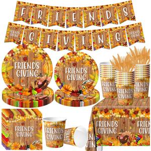 Friendsgiving Party Decorations 142pcs Friendsgiving Theme Tableware Thanksgiving Turkey Maple Leaves Disposable Paper Plates,Napkins,Tablecloth for Fall Autumn Party Supplies