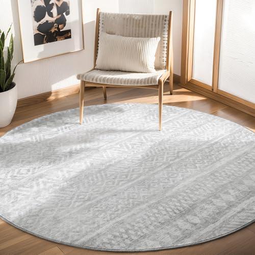 Round Rug 6ft Circle Area Rugs for Living Room Bedroom Dining Room Carpet Washable Circular Rug for Nursery Kids Playroom Non Slip Soft Cozy Grey