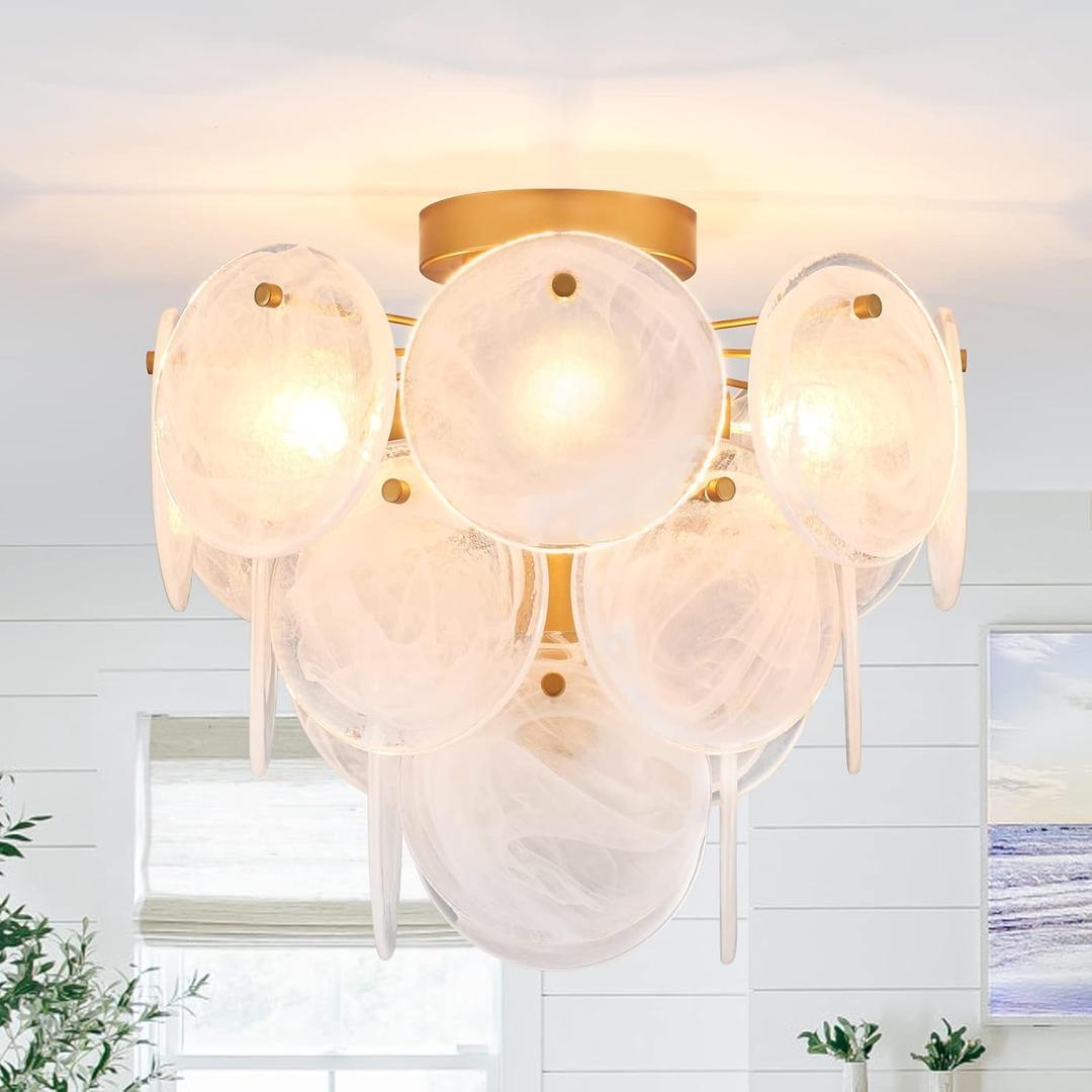 Modern Flush Mount Glass Ceiling Light, Gold Hallway Lights Vintage Chandelier, 4-Light Unique Light Fixture for Bedroom Entryway Loft Kitchen Laundry Bathroom Farmhouse