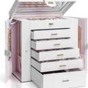 AKOZLIN Extra Large 6-Tier Jewelry Box Organizer with Mirror, 5 Drawers Leather Jewelry Storage Case for Women Girls Ring Necklace Earring Bracelet White