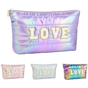3 Pcs Hiroyuki Iridescent Quilted Makeup Bag (LOVE, purple)