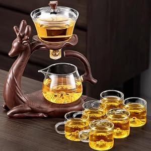 Chinese Gongfu Tea Set - Glass Teapot with Infuser Semi Automatic Tea Maker Set for adult (Include 6 cups)