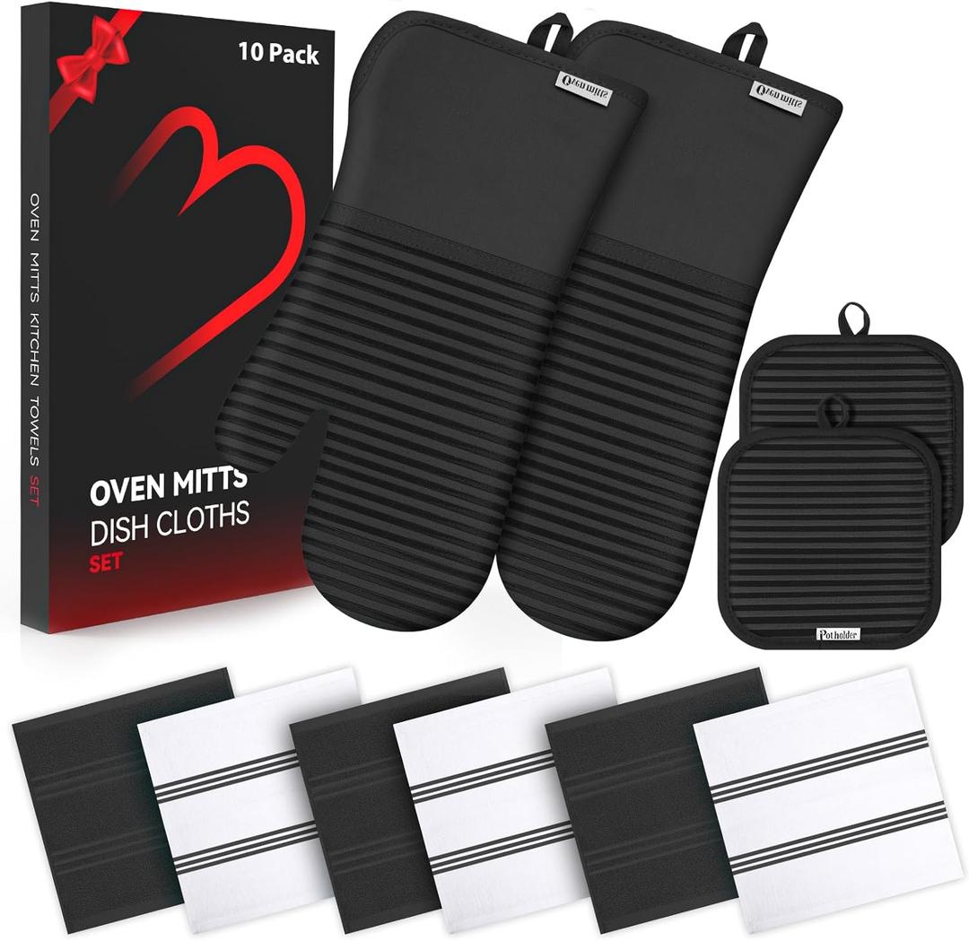 Oven Mitts and Pot Holder Sets with Silicone Grip, 500F Heat Resistant-6 Pack Dishcloth/Dish Towels for Kitchen 100% Cotton-Value Kitchen Essentials for Cooking, Baking, Grilling-Black