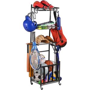 Snail Garage Sports Equipment Storage Organizer Sports Ball Storage Rolling Cart with Basket and Hooks Lockable Sports Ball Cage Storage Rack for Garages, Playgroup, Gym and Schools, Black