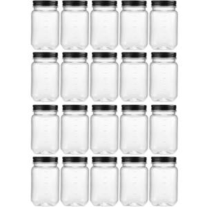 Novelinks 16 oz Clear Plastic Jars with Lids, Refillable 16oz Mason Jars with Lids & Storage Containers for Kitchen & Household Use (20 Pack,Black)