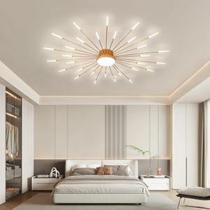 JAYMP Ceiling Light Modern Flower Shape Ceiling Lamp for Living Room Dining Room Flush Mount Metal Acrylic Sputnik Firework Petal LED Lighting Fixture (Matte Gold, 30+1 Lights)